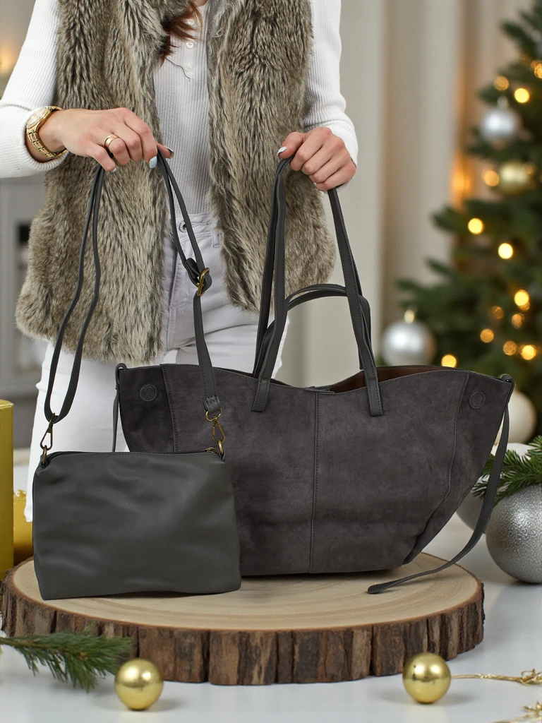 Ženska shopper torba iz eko semiša z manjšo eko usnjeno v kompletu 2v1 Elinea