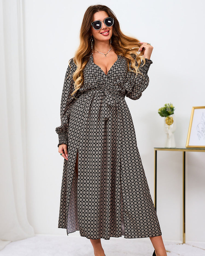 Royalfashion Béžovo-čierne vzorované dámske maxi šaty
