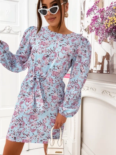 Royalfashion Kvetinové mini šaty pre ženy s pufovanými rukávmi a opaskom