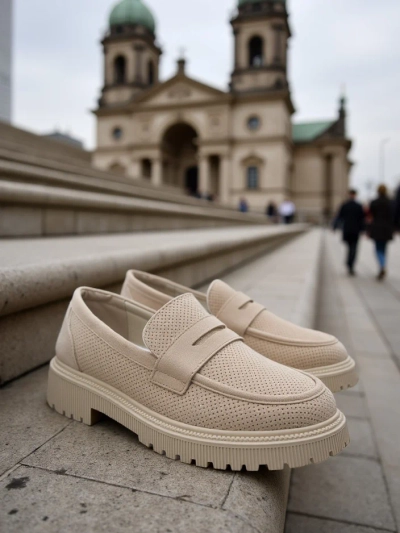 Ženski loafers Callista bež, ekološko usnje, nizka peta 4 cm