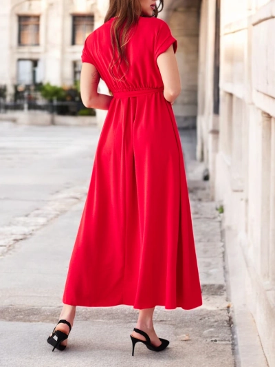 Royalfashion Dámske midi šaty s prekladaným výstrihom, krátkymi rukávmi a opaskom