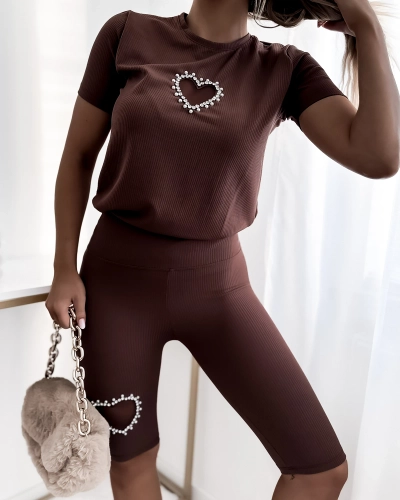 Royalfashion Dvojdielny dámsky športový set so zirkónmi v hnedej farbe