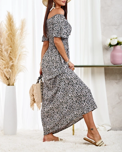 Royalfashion Kvetované čierne dlhé dámske šaty