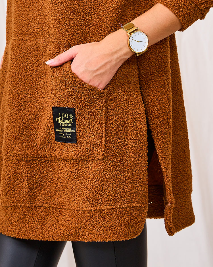 Royalfashion Camel dlhý dámsky sveter s kapucňou