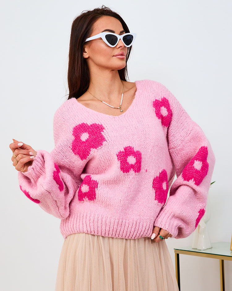 Royalfashion Hnedý dámsky kvetinový sveter