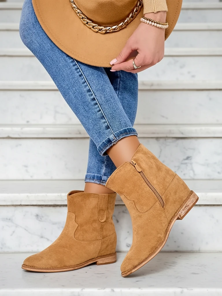 Royalfashion Hnedé členkové čižmy s kovbojským štýlom na krytom klíne Patorias