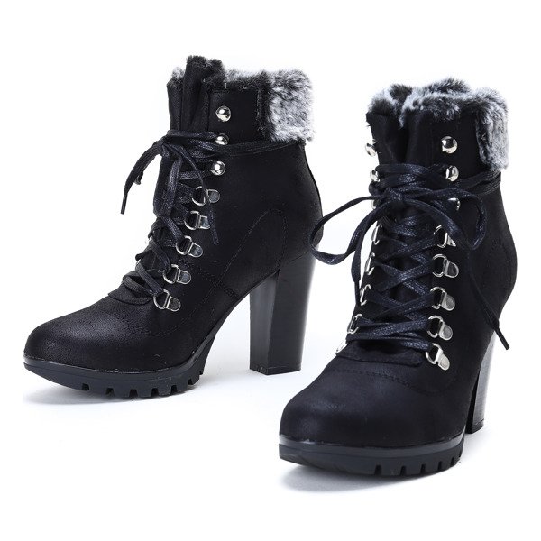 Czarne botki na słupku z futerkiem Rose - Obuwie