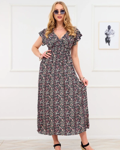 Dámske tmavomodré kvetinové maxi šaty - Oblečenie