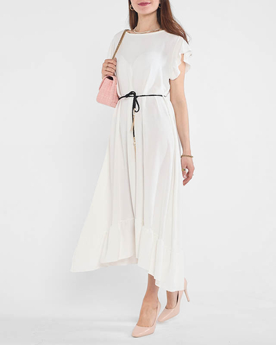 Dámske biele šaty s volánmi a zaväzovacím opaskom v páse - Oblečenie