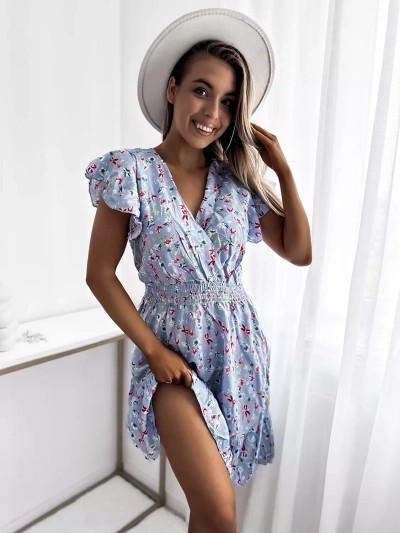 Royalfashion Modré dámske mini šaty s kvetinovým motívom