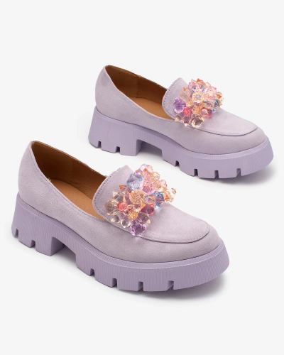 OUTLET Royalfashion Fialové dámske mokasíny s farebnými kryštálmi Crystal Glam