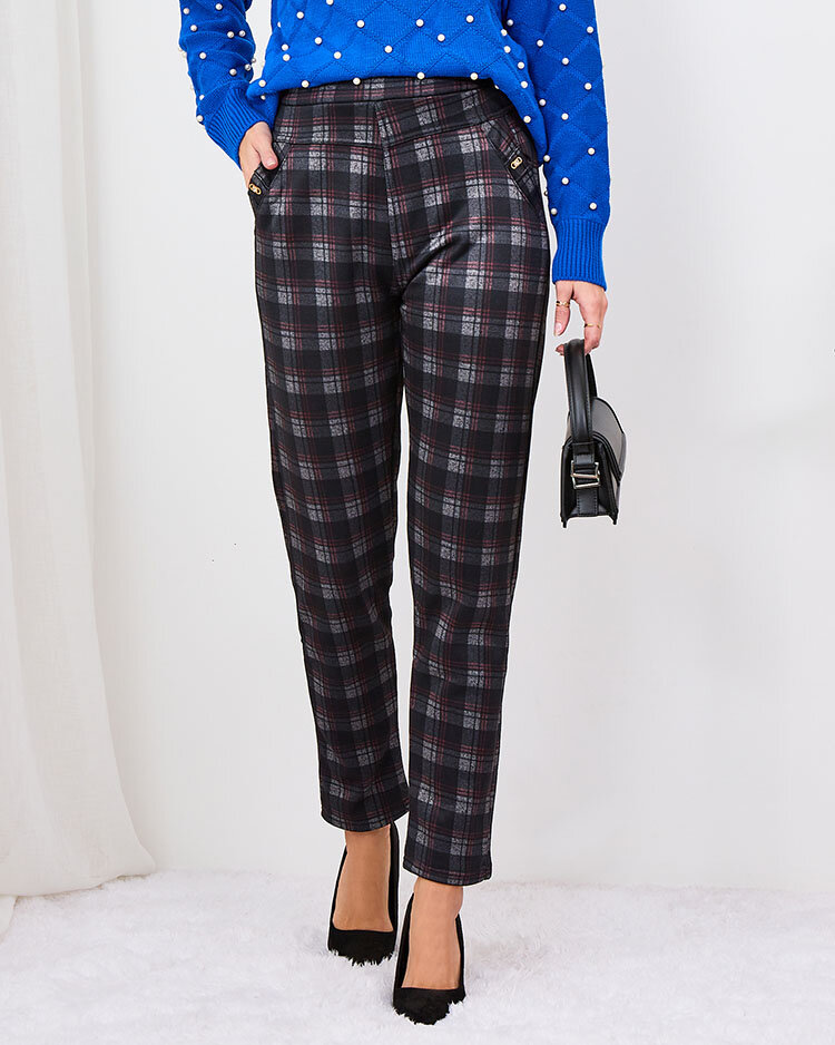 Royalfashion Šedo-červené dámske zateplené kárované tregíny