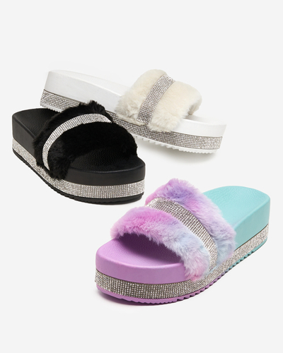 Čierne dámske papuče s kožušinkou a kubickými zirkónmi Zerika - Obuv