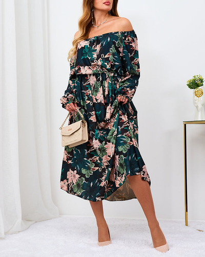 Royalfashion Čierno-zelené kvetinové maxi šaty pre ženy