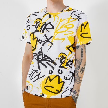 Biele a žlté bavlnené tričko pre mužov s nápismi - Oblečenie