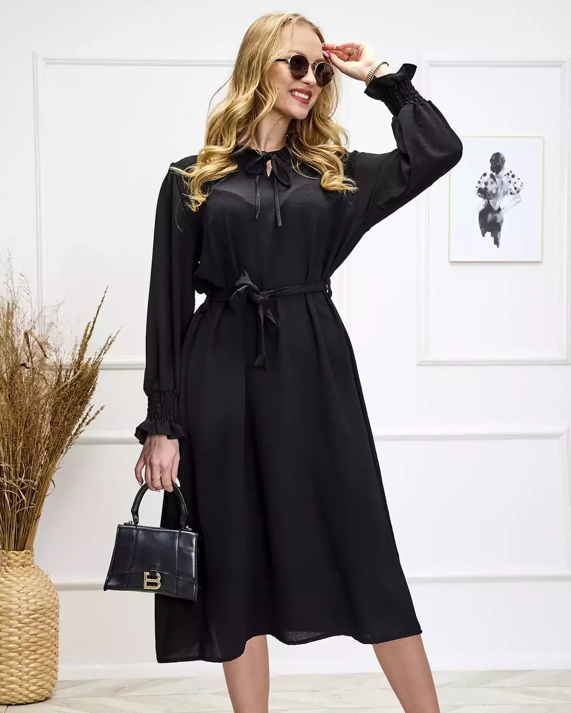 Čierne dámske dlhé šaty so zaväzovaním v páse - Oblečenie