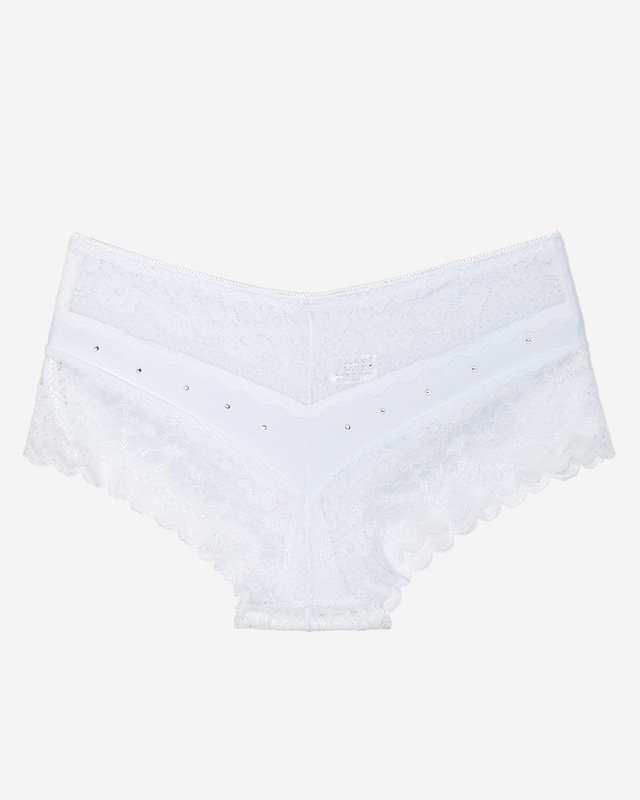 Dámske biele nohavičky nohavičky s čipkou a kubickými zirkónmi - Spodná bielizeň