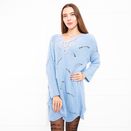Dámsky modrý dlhý prelamovaný sveter - Oblečenie