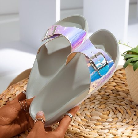 OUTLET Šedé papuče s holografickou povrchovou úpravou Sabia - Obuv