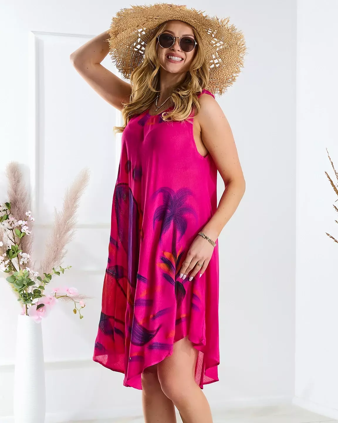 Plážová fuchsiová sukňa s farebnou potlačou - Oblečenie