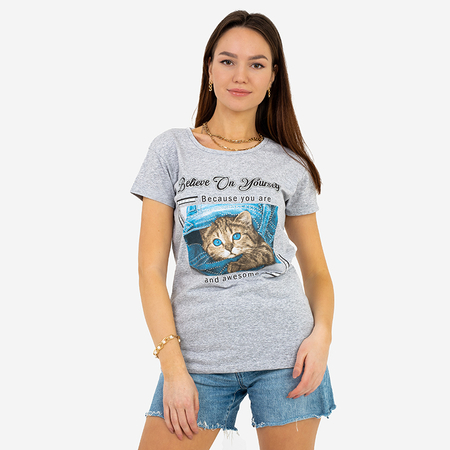 Šedé dámske tričko s potlačou mačiek a nápismi - Oblečenie