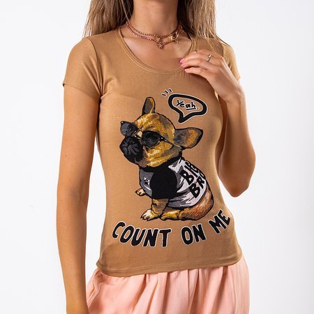 Svetlohnedé dámske tričko zdobené potlačou psíka - Oblečenie