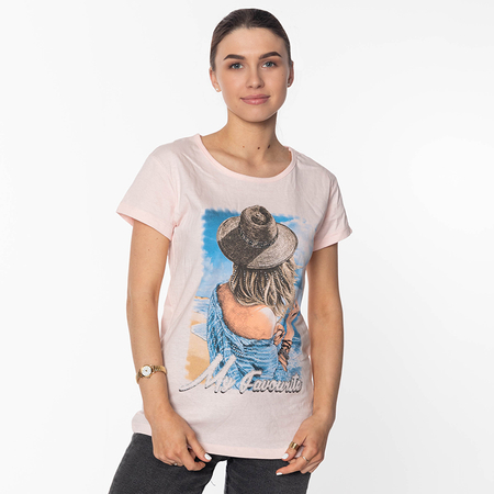 Svetloružové dámske tričko s farebnou potlačou a trblietkami - Oblečenie