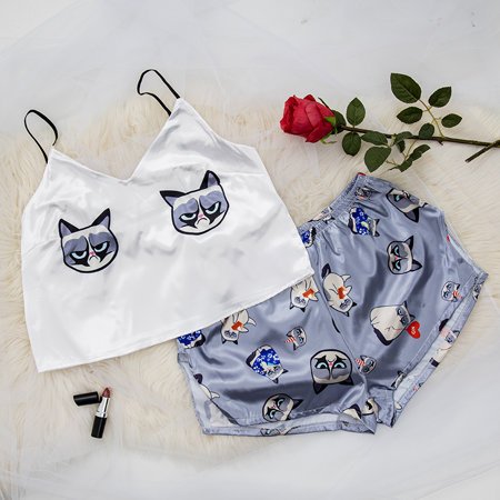 Svetlosivé dámske pyžamo s potlačou mačky - Oblečenie