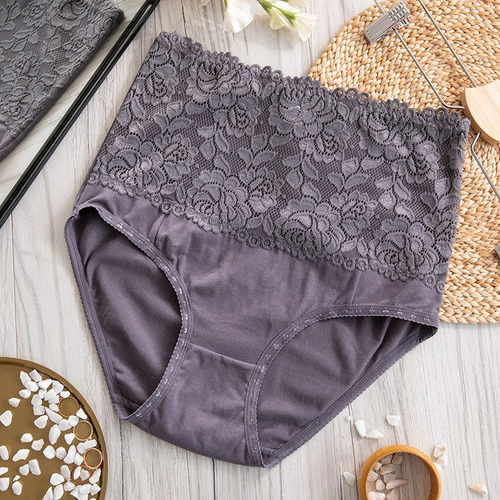 Tmavosivé dámske bavlnené nohavičky s čipkou PLUS SIZE - Spodné prádlo