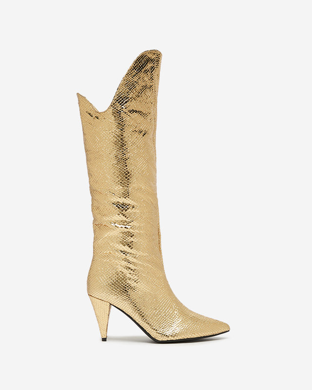 Zlaté dámske čižmy na vysokom opätku s razením Elivea- Footwear