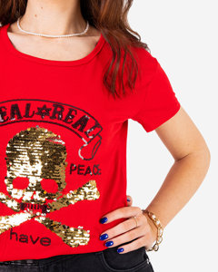 Červené dámske tričko s flitrami a nápismi - Oblečenie
