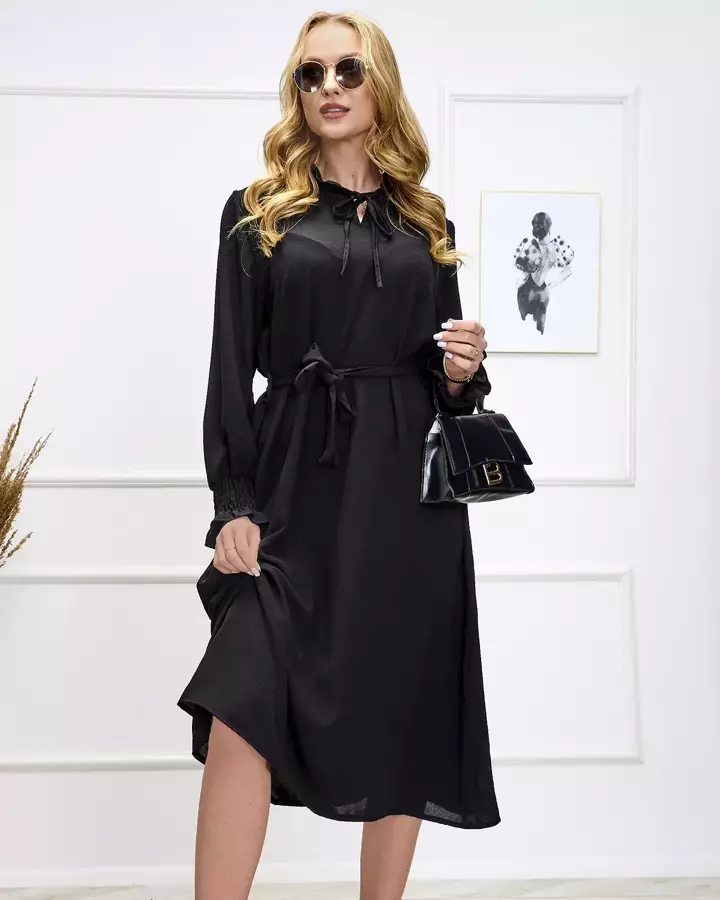 Čierne dámske dlhé šaty so zaväzovaním v páse - Oblečenie