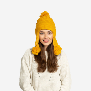 Dámska žltá zateplená čiapka s brmbolcami - Doplnky