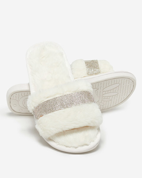 Dámske biele kožušinové papuče s kubickými zirkónmi Tiko - Obuv