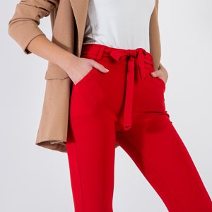 Dámske červené látkové nohavice so zaväzovacím opaskom - Oblečenie