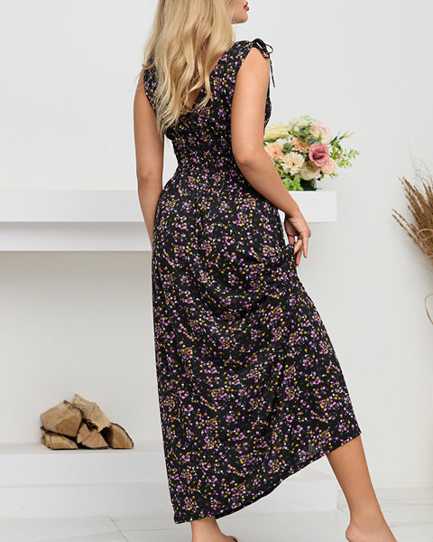 Dámske čierne maxi šaty s fialovými kvetmi - Oblečenie