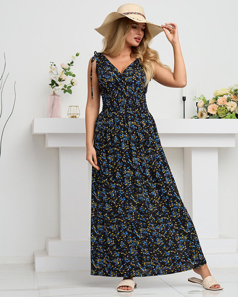 Dámske čierne maxi šaty s modrými kvetmi - Oblečenie