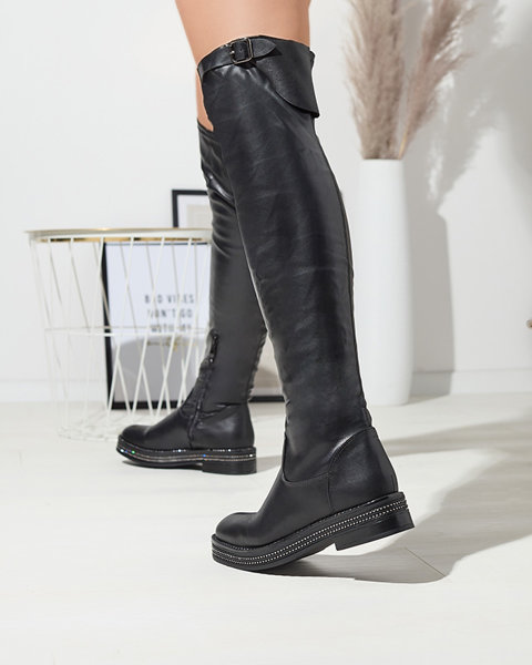 Dámske čižmy nad kolená s plochou podrážkou v čiernej farbe Faberro- Obuv