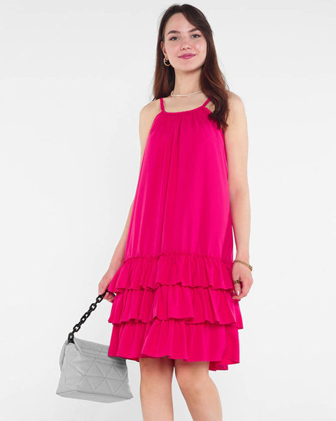 Dámske fialové a ružové šaty na ramienka s volánmi - Oblečenie