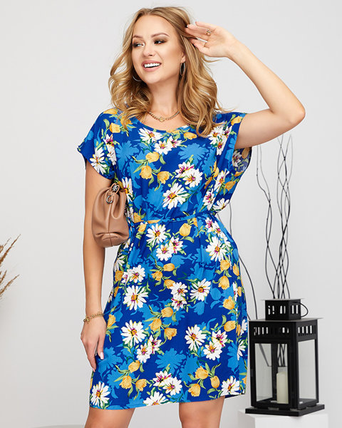 Dámske jednoduché kvetinové kobaltové šaty - Oblečenie