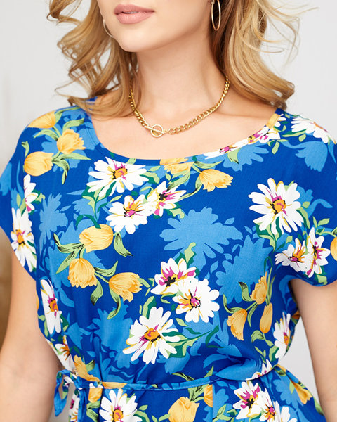 Dámske jednoduché kvetinové kobaltové šaty - Oblečenie