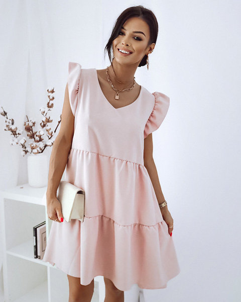 Dámske krátke šaty s volánmi v pastelovej ružovej - Oblečenie