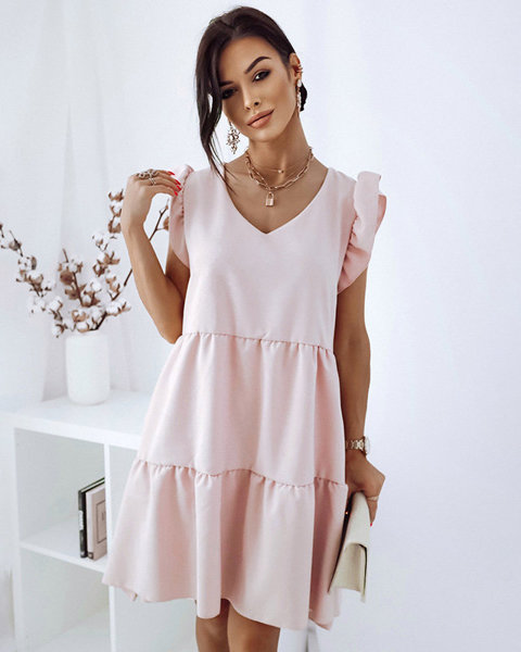 Dámske krátke šaty s volánmi v pastelovej ružovej - Oblečenie