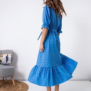 Dámske modré dlhé bodkované šaty - Oblečenie