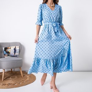 Dámske modré dlhé šaty v bodkách - Oblečenie
