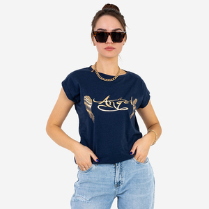 Dámske tričko so zlatou potlačou a nápisom v námorníckej modrej farbe - Oblečenie