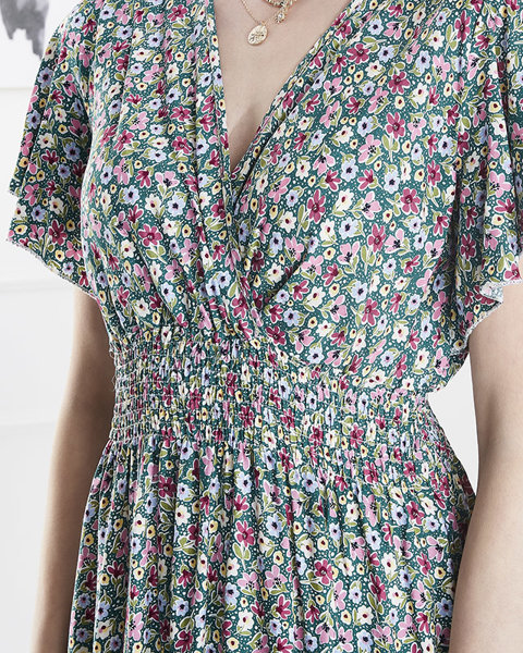 Dámske zelené kvetinové midi šaty - Oblečenie