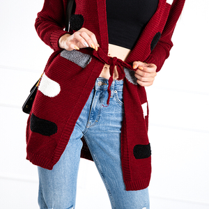 Dámsky bordový viazaný sveter s farebnými pásikmi - Oblečenie