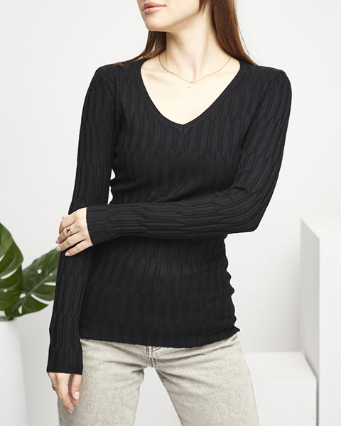 Dámsky čierny sveter s výstrihom do V - Oblečenie