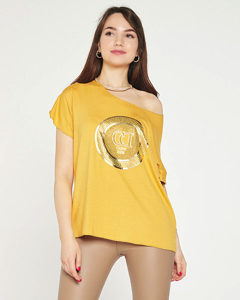 Horčicové dámske tričko so zlatou potlačou a kubickými zirkónmi - Oblečenie